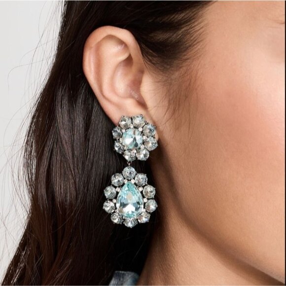 Roxanne Assoulin Blue Crystal Double Drop Clip On Earrings 2" Length MSRP $225 - Picture 1 of 6
